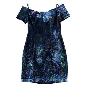Vintage 80s Crushed Velvet Multicolor Off-Shoulder Mini Dress